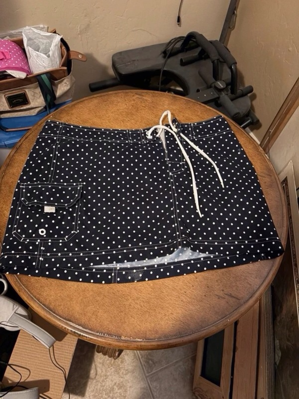 Navy Polka Dot Mini Skirt with Front Flap Pocket